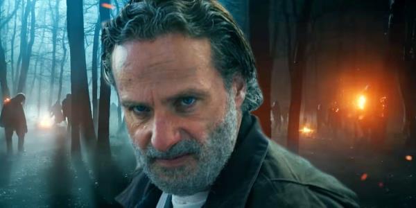 Andrew Lincoln as Rick Grimes and flaming zombines in The Walking Dead: The o<em></em>nes Who Live