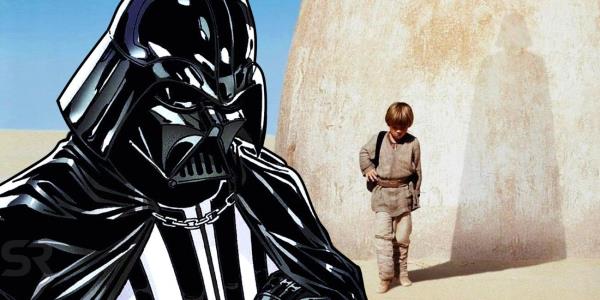 Feature Image: Comic book Darth Vader (left) in front of a still from Phantom Menace featuring young Anakin