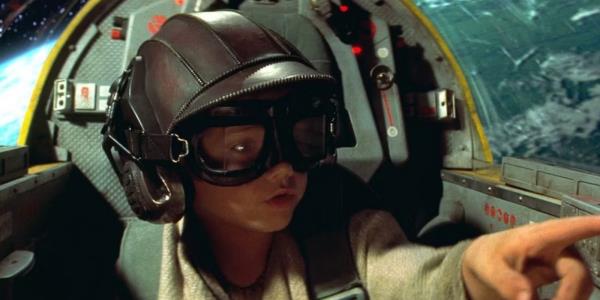 Young Anakin Skywalker pilots a Naboo Starfighter and destroys the Trade Federatin co<em></em>ntrol ship in The Phantom Menace