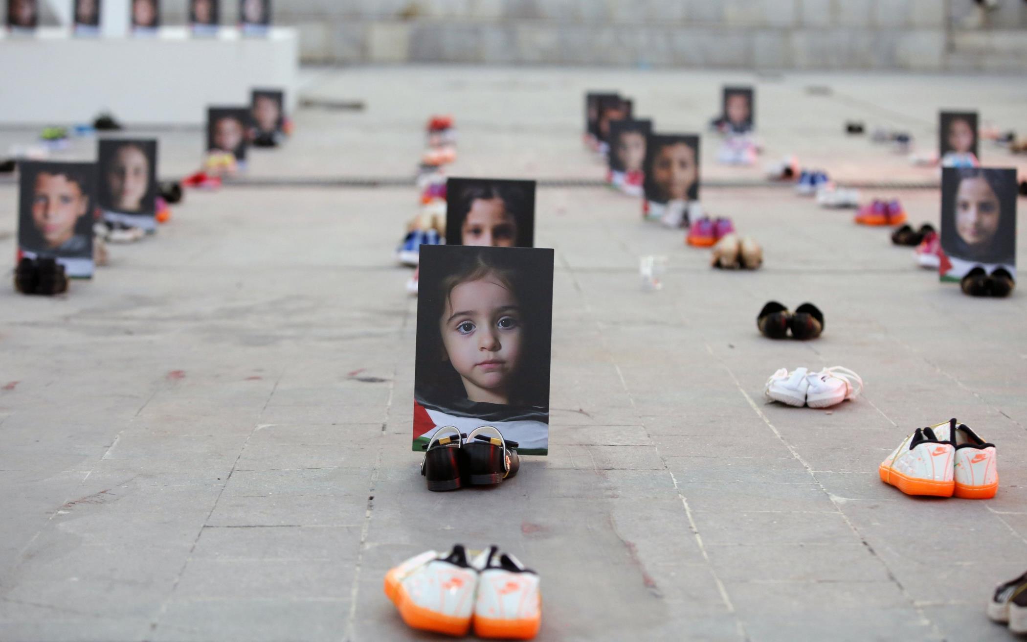 Objects and pictures depicting deceased children in Gaza on display during a pro-Palestine campaign, in Tehran, Iran, Dec. 20, 2023. (EPA Photo)