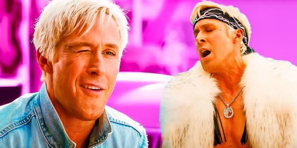 Collage of Ryan Gosling as Ken winking and singing from the Barbie movie