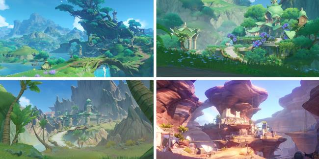 four split image showing the different scenery of Sumeru