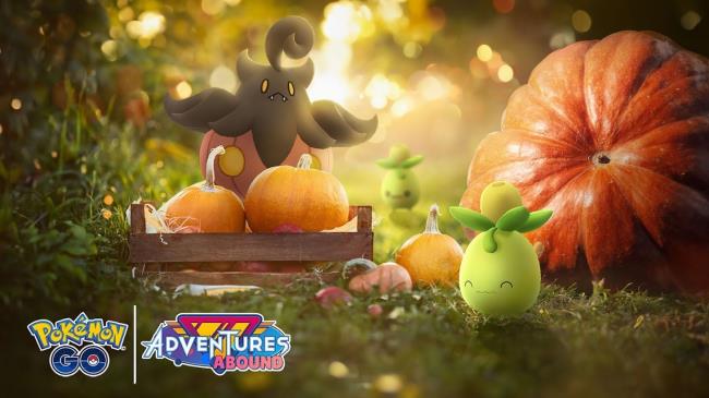 A Pumpkaboo and two Smoliv with several pumpkins around them