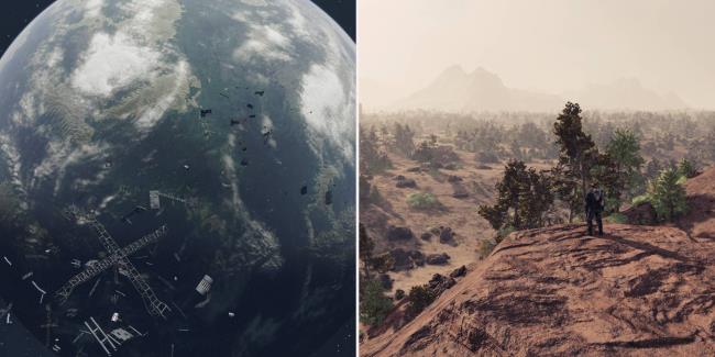 Left, the Eridani II planet from space. Right, mountains and forest terrain on Eridani II.