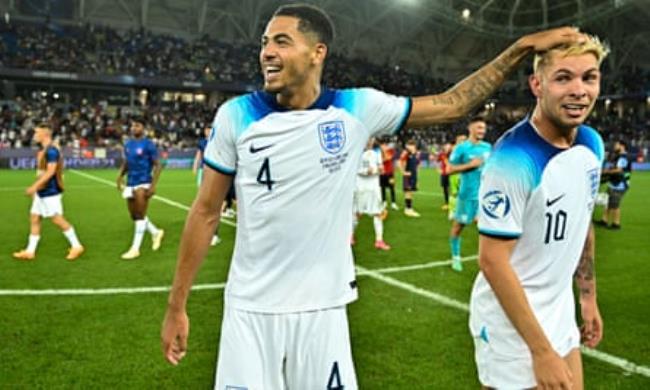 Levi Colwill pats Emile Smith Rowe on the head after England win the Euro Under-21 final against Spain. 