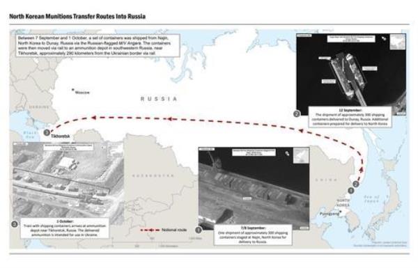 This image, provided by the U.S. government, shows apparent arms transfers between North Korea and Russia. (PHOTO NOT FOR SALE) (Yonhap)