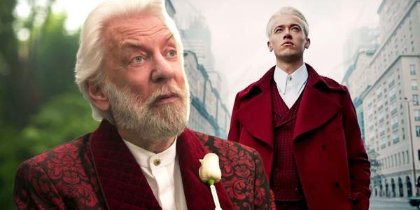 Do<em></em>nald Sutherland as President Snow in the Hunger Games trilogy and Tom Blyth as young Coryo Snow in Ballad of So<em></em>ngbirds and Snakes
