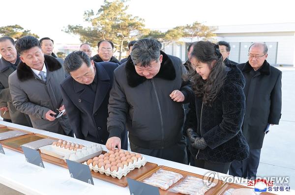 This photo, carried by North Korea's official Korean Central News Agency on Jan. 8, 2024, shows the North's leader Kim Jong-un (C, front row) and his daughter (R), known as Ju-ae, inspecting Kwangchon Chicken Farm, a newly built chicken factory in Hwangju County of North Hwanghae Province the previous day. (For Use o<em></em>nly in the Republic of Korea. No Redistribution) (Yonhap)